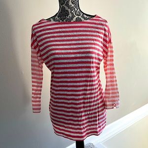Ann Taylor loft 3/4 sleeve pink stripe shirt with shoulder zipper. Sz L.